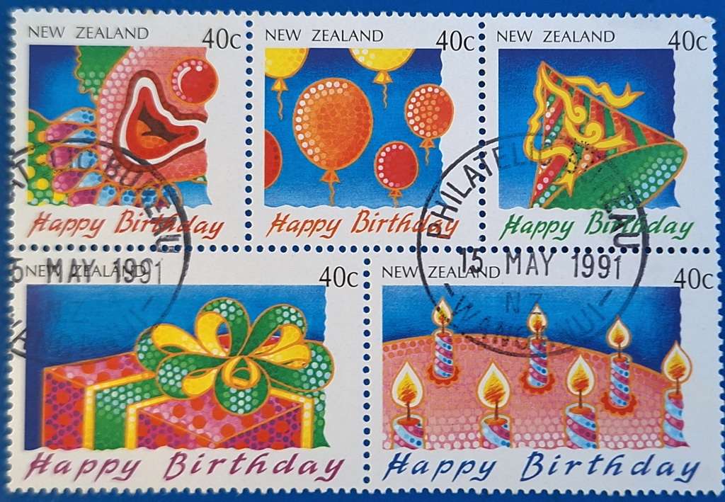 New Zealand 1991 Greetings Happy Birthday Booklet Pane of 5 Used Stamps on Paper