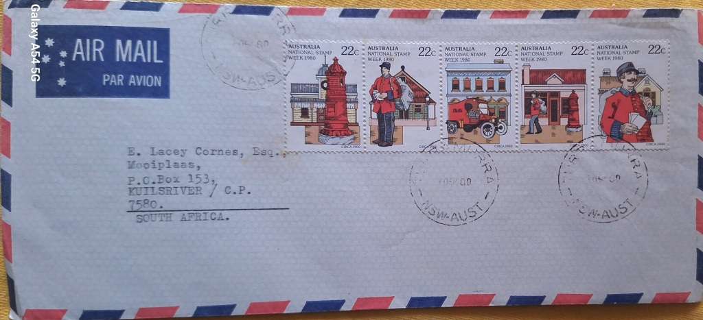 Australia 1980 Envelope posted to South Africa with Set of 5 National Stamp Week stamps