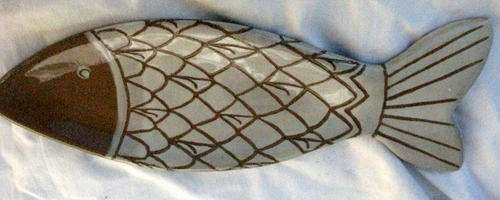 POTTERY FISH : 30cm LONG : 10cm WIDE : STAMPED "OHNA"
