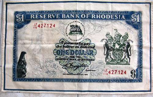 TEA TOWEL : RESERVE BANK OF RHODESIA : $1 : 1979 : 68x41cm :  **PLEASE NOTE THE MARKS**