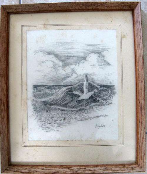 THE SEA GULL (FREEDOM) : CHARCOAL DRAWING : - ELIZABETH : FRAMED SIZE - 27.4x32.6cm : **NOTE MARKS*