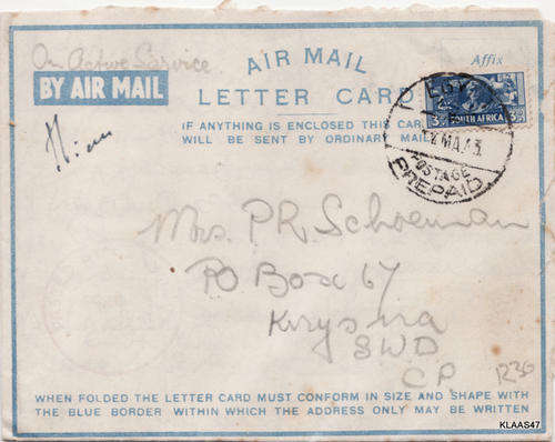 ON ACTIVE SERVICE - CENSORED MAIL - EGYPT TO SOUTH AFRICA - 1943