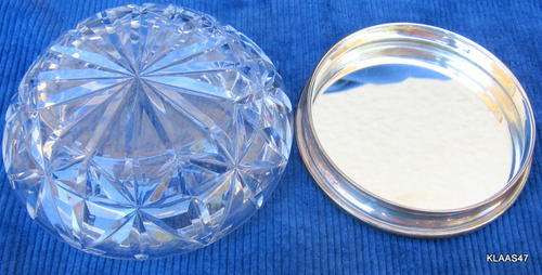 VINTAGE : TRINKET/POWDER BOWL : HALLMARK SILVER LID - 1951 : MIRROR IN LID : 8cm TOP DIAM