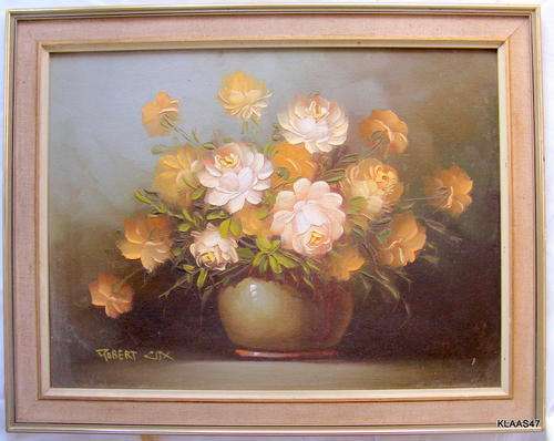 OIL PAINTING : FLOWERS IN BOWL : ROBERT COX : FRAMED SIZE - 46.3X36.5CM
