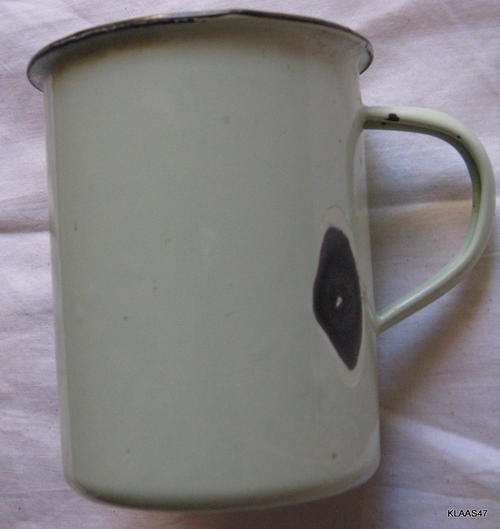 TALL ENAMEL MUG : GREY-GREEN WITH BLACK RIM : 11.5cm HIGH - 9cm DIAMETER : NOTE CHIPS