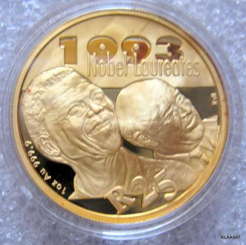 The 2007 24ct GOLD 1-OZ PROTEA Proof R25 (Nelson Mandela & FW de Klerk)** spot on coin