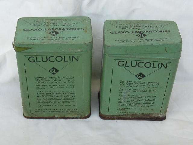 GLUCOLIN : GLAXO LAB. UNION OF SOUTH AFRICA : 2 TINS : 9.5X6X13CM : **PLEASE NOTE RUST**