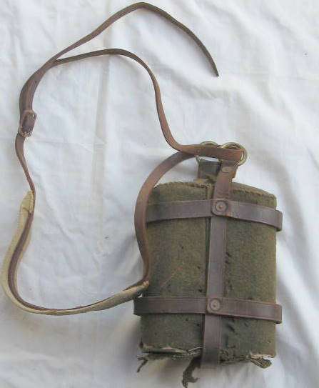 STEEL WATER BOTTLE - NO CAP : MATERIAL COVER MOTHEATEN : COMPLETE WITH LEATHER SHOULDER STRAP