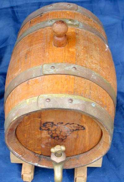 WOODEN VAT WITH BRASS BANDS & TAP : DIAMETER 16cm : 23cm LONG : ON WOODEN STAND