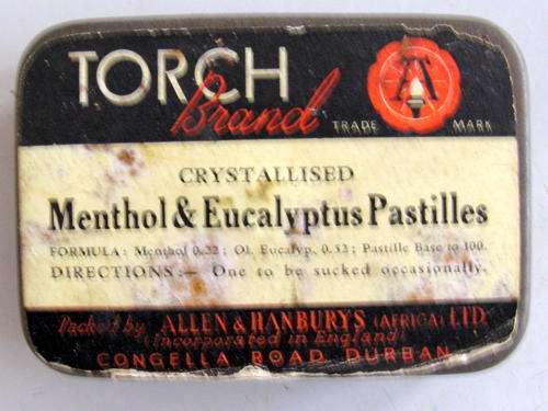 TORCH BRAND : MENTHOL & EUCALUPTUS PASTILLES : TIN - 7.9 X 5.5 X 2 cm : CONGELLA RD, DURBAN