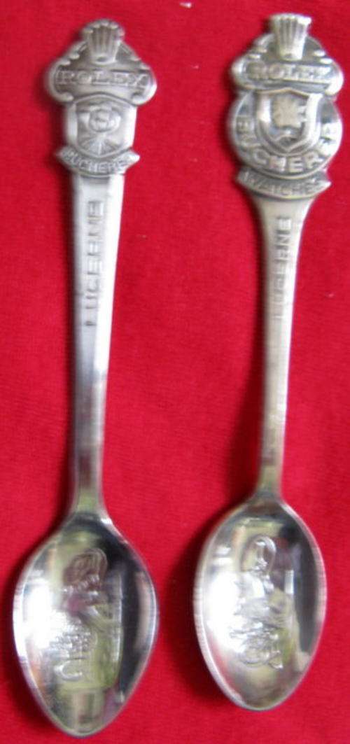 TWO TEASPOONS : ROLEX - BUCHERER - WATCHES - LUCERNE : (TWO DIFFERENT DESIGNS)