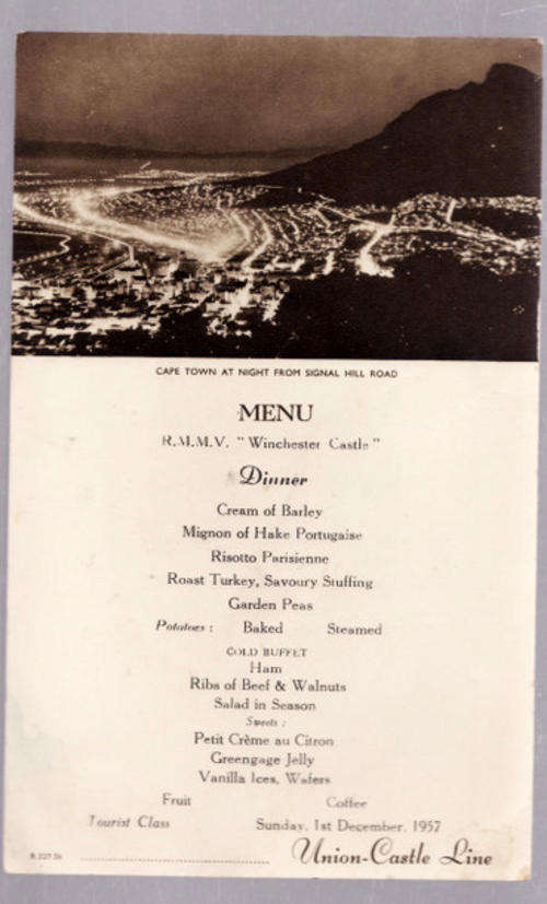 UNION-CASTLE LINE : DINNER  MENU : SUNDAY 1ST DECEMBER 1957 : R.M.M.V. WINCHESTER CASTLE