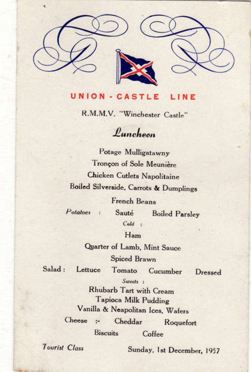 UNION-CASTLE LINE : LUNCHEON MENU : SUNDAY 1ST DECEMBER 1957 : R.M.M.V. WINCHESTER CASTLE