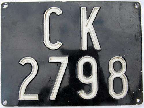 OLD NUMBER PLATE : MALMESBURY (CK2798) :  28X 20.5 CM