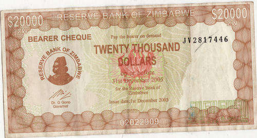 RESERVE BANK OF ZIMBABWE  TWENTY THOUSAND DOLLARS  BEARER CHEQUE  AS PER SCAN