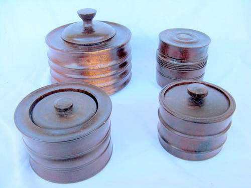 FOUR WOODEN TOBACCO JARS : VARIOUS SIZES - SEE PICTURES