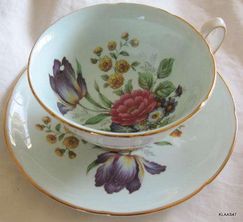 CUP & SAUCER : ROYAL GRAFTON : FLORAL ON LIGHT GREEN : FINE BONE CHINA : ENGLAND
