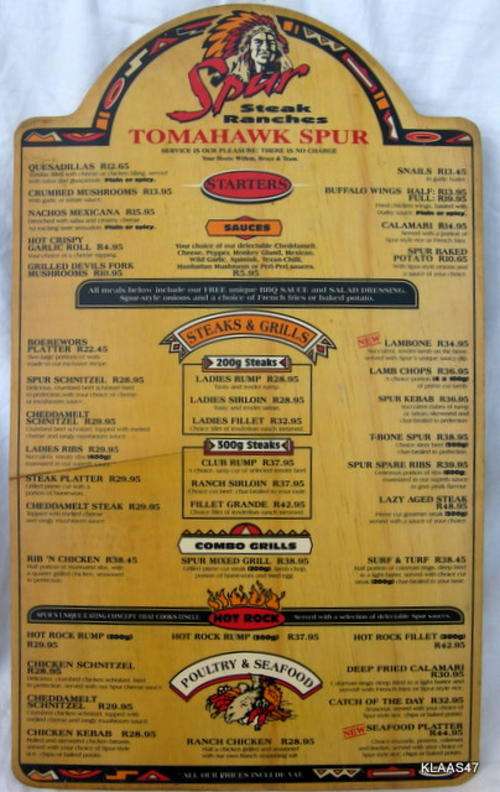 TOMAHAWK SPUR : MENU - PLYWOOD - UNDATED : (BURGERS  R18.95 - STEAKS R38.95)!!