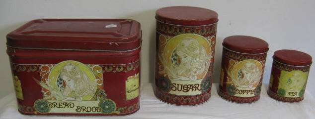BRADLOWS KITCHEN COLLECTION : BREAD : SUGAR : COFFEE : TEA : SET OF 4 TINS