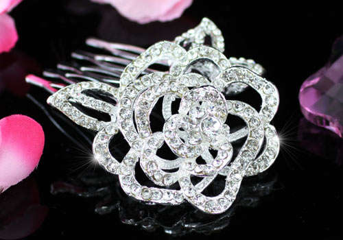Rose Crystal Silver Plated Hair Comb (In Stock)