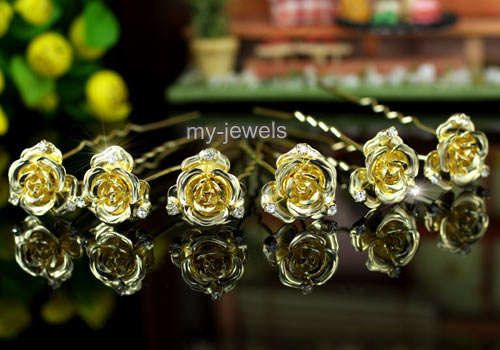6 pcs Rose Crystal Gold Hair Pins  (In Stock)