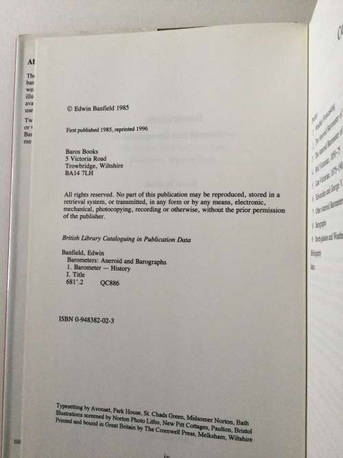 Barometers, Aneroid and Barographs, Edwin Banfield, 1996