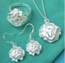 Women Rose jewelry Solid Silver Bracelet&Necklace&Earring Set 925