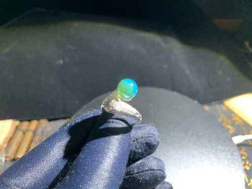 Authentic Blue Green Amber Sphere 9.5mm Silver Leopard Head Ring No.101