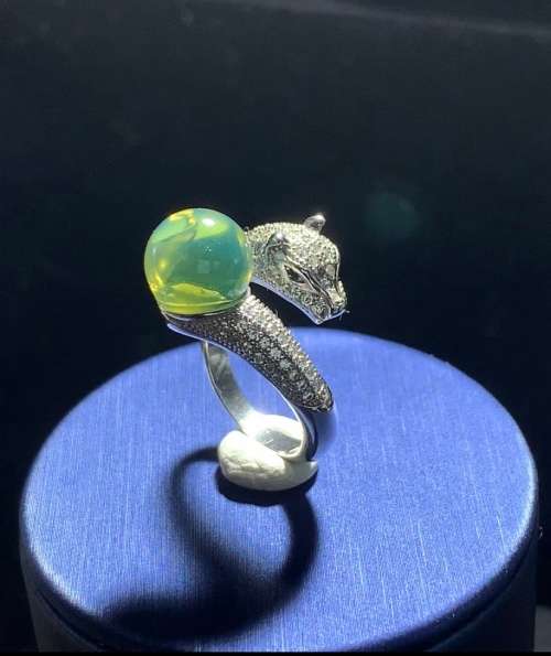 Authentic Blue Green Amber Sphere 9.5mm Silver Leopard Head Ring No.101