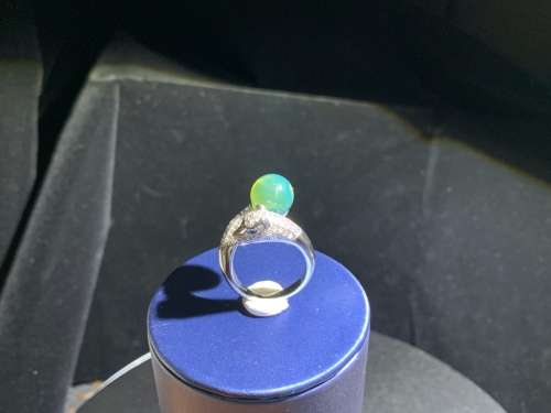 Authentic Blue Green Amber Sphere 9.5mm Silver Leopard Head Ring No.101