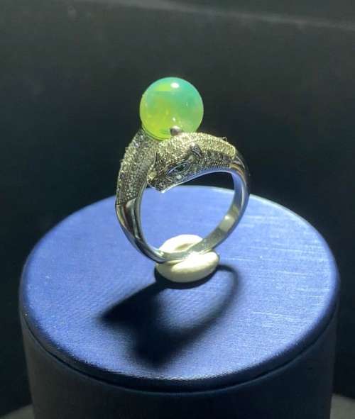 Authentic Blue Green Amber Sphere 9.5mm Silver Leopard Head Ring No.101