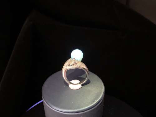 Authentic Blue Green Amber Sphere 9.5mm Silver Leopard Head Ring No.101