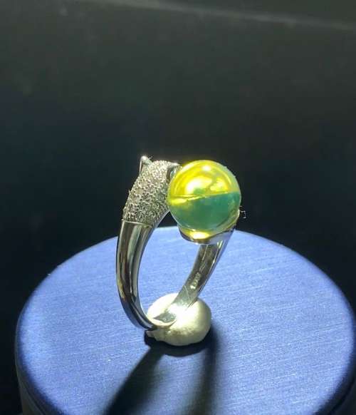 Authentic Blue Green Amber Sphere 9.5mm Silver Leopard Head Ring No.101
