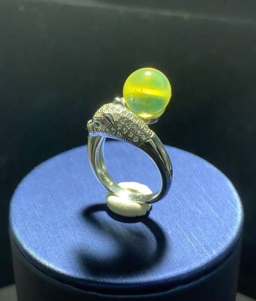 Authentic Blue Green Amber Sphere 9.5mm Silver Leopard Head Ring No.101