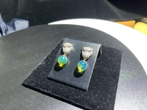 Authentic Blue Green Amber Sphere 8mm Silver Leopard Head Earring No.102