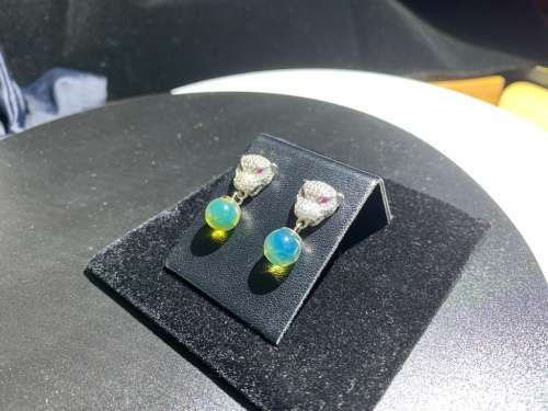 Authentic Blue Green Amber Sphere 8mm Silver Leopard Head Earring No.102