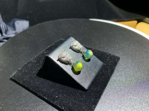 Authentic Blue Green Amber Sphere 8mm Silver Leopard Head Earring No.102