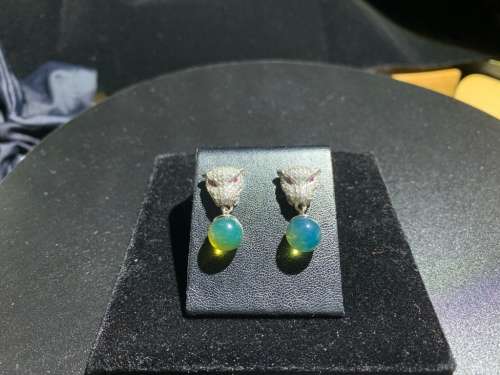 Authentic Blue Green Amber Sphere 8mm Silver Leopard Head Earring No.102