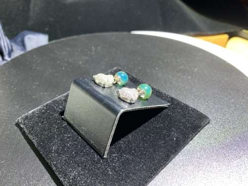 Authentic Blue Green Amber Sphere 8mm Silver Leopard Head Earring No.102