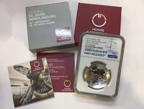 2019 AUSTRIA 50TH ANNIVERSARY OF THE MOON LANDING .925 SILVER PROOF COIN GLOW IN THE DARK