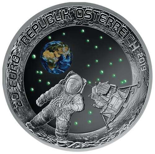 2019 AUSTRIA 50TH ANNIVERSARY OF THE MOON LANDING .925 SILVER PROOF COIN GLOW IN THE DARK