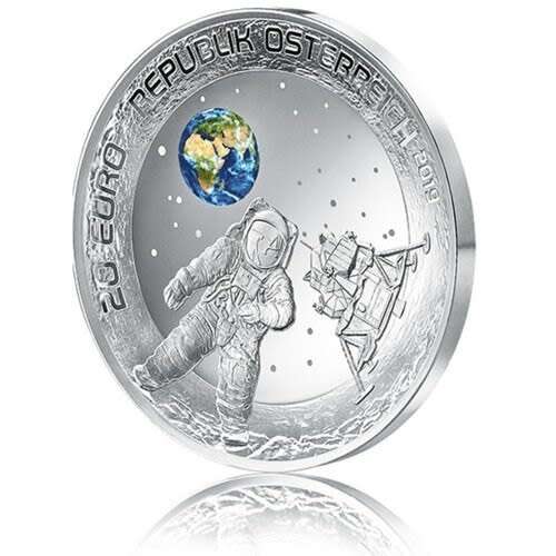2019 AUSTRIA 50TH ANNIVERSARY OF THE MOON LANDING .925 SILVER PROOF COIN GLOW IN THE DARK