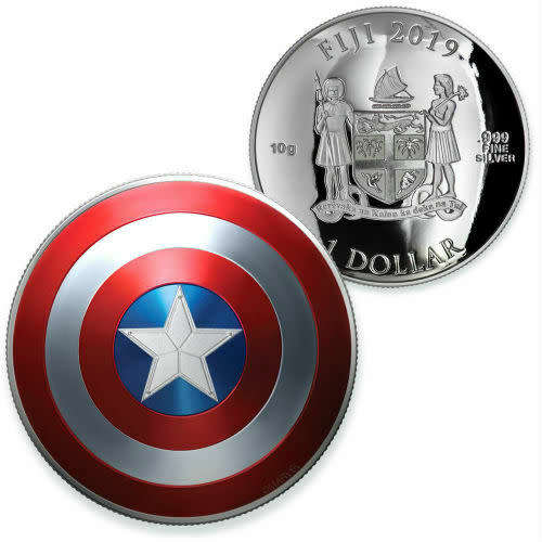 CAPTAIN AMERICA SHIELD 2019 10 GRAM PROOF SILVER DOMED COIN FIJI