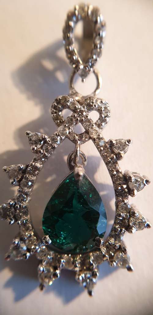14ct White Gold EGL Double Certified Natural Diamond & Zambian Pear Shape Emerald Pendant 1.80tcw