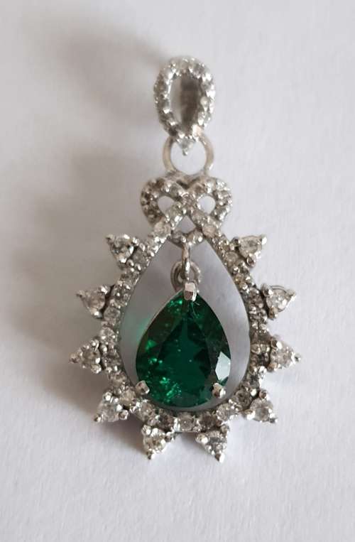 14ct White Gold EGL Double Certified Natural Diamond & Zambian Pear Shape Emerald Pendant 1.80tcw