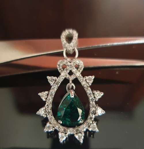 14ct White Gold EGL Double Certified Natural Diamond & Zambian Pear Shape Emerald Pendant 1.80tcw