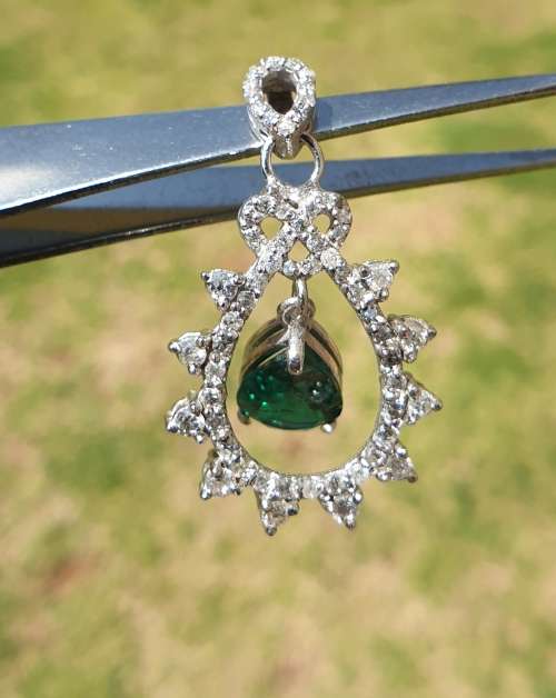 14ct White Gold EGL Double Certified Natural Diamond & Zambian Pear Shape Emerald Pendant 1.80tcw