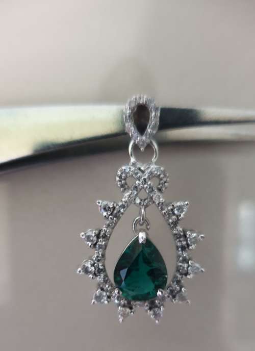 14ct White Gold EGL Double Certified Natural Diamond & Zambian Pear Shape Emerald Pendant 1.80tcw