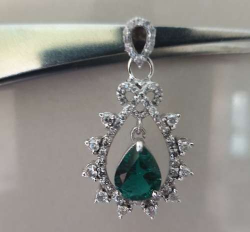 14ct White Gold EGL Double Certified Natural Diamond & Zambian Pear Shape Emerald Pendant 1.80tcw