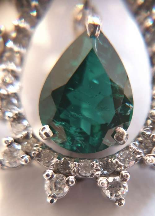 14ct White Gold EGL Double Certified Natural Diamond & Zambian Pear Shape Emerald Pendant 1.80tcw